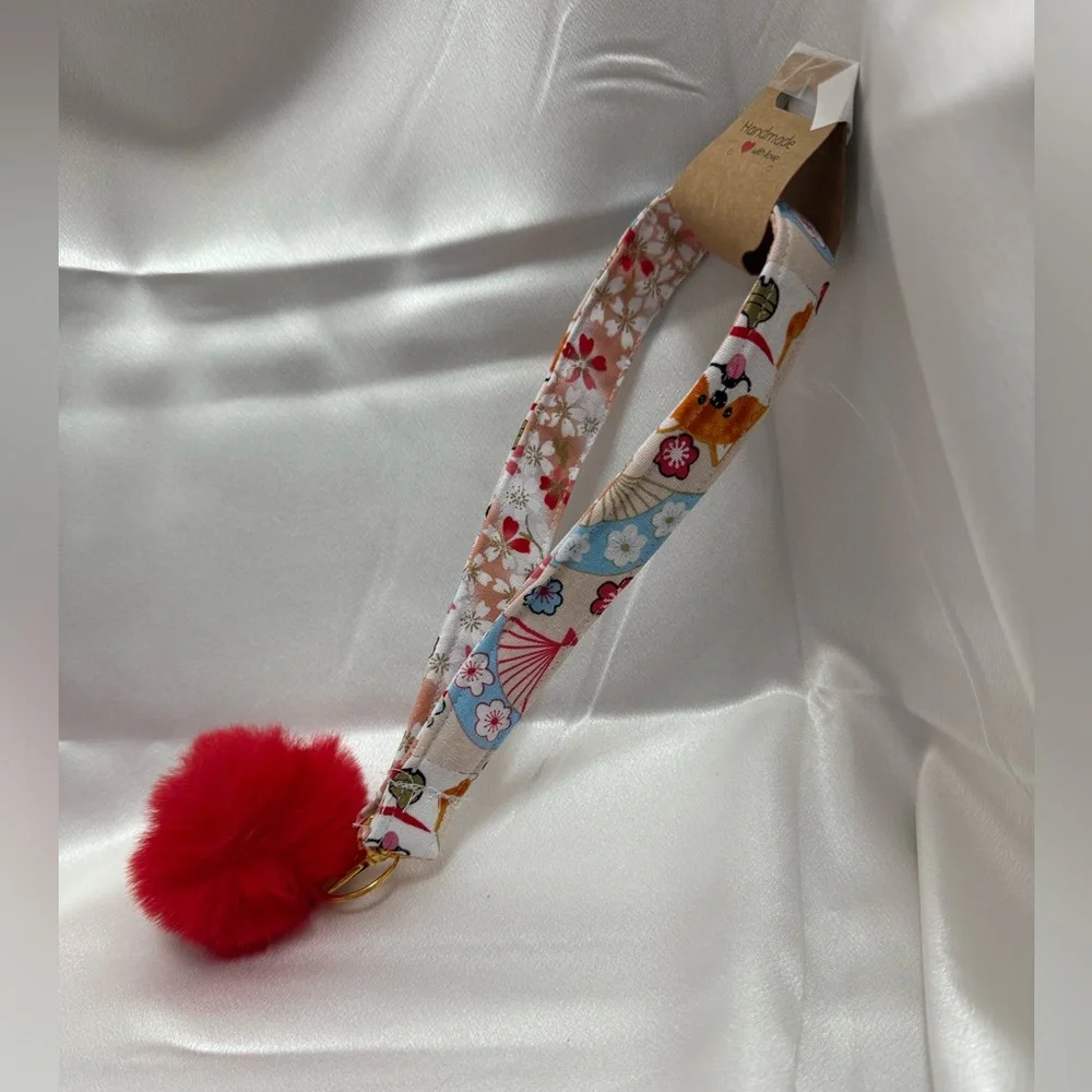 Handmade Shiba Inu and Cherry Blossom Floral Wristlet Keychain with Red Pompom